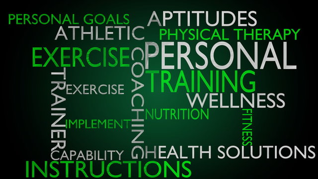 Personal training & instructions word cloud - green variant, loop able, 4k UHD
