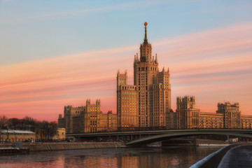 Fototapeta na wymiar Moscow, high-rise building on Konelnicheskaya Embankment on a sunset