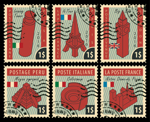 set of stamps with architectural landmarks from different countries
