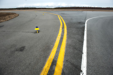 Obraz premium Yellow and white markings of a small airfield taxiway.