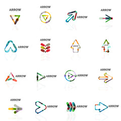 Set of linear arrow abstract logos, connected multicolored segments lines in directional pointer figures