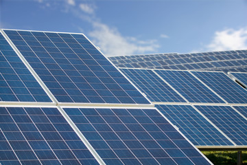 Solar Farm Park. Panels Sunny Blue Sky, Sustainable Renewable Energy.