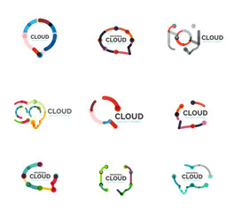 Set of flat linear design speech cloud logos. Talk bubbles, modern geometric industrial thin line icons