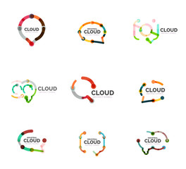 Set of flat linear design speech cloud logos. Talk bubbles, modern geometric industrial thin line icons