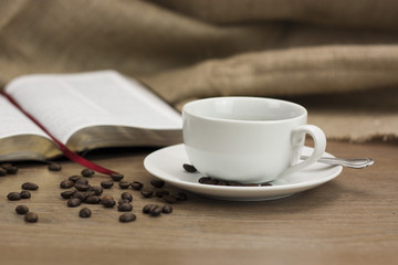 Coffee cup against a rustic background