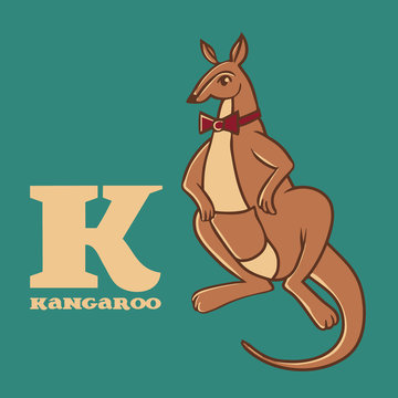 Cartoon doodle kangaroo with letter K. Part of animal alphabet.