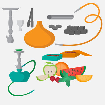 Set of hookah icons. Waterpipes, charcoal and accessories. Labels for shishe shop or nargile lounge, Fruit flavor of tabacco citrus, mint and berry