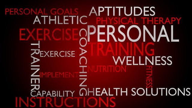 Personal training & instructions word cloud - red variant, loop able, 4k UHD