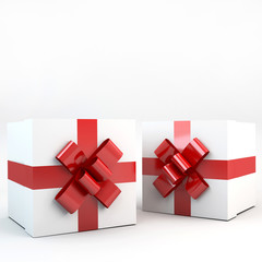 Gift box with blue ribbon bow on white background