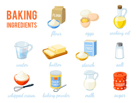 Set of cartoon food: baking ingredients - flour, eggs, oil, water, butter, starch, salt, whipped cream, baking powder, milk, sugar. Vector illustration, isolated on white, eps 10.
