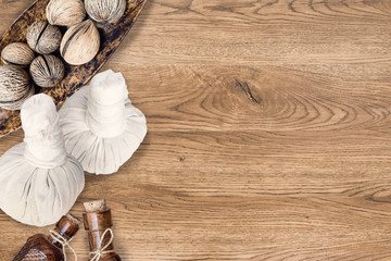 spa accessories on wooden background