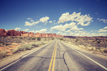 Vintage stylized scenic road, Arches National Park, USA
