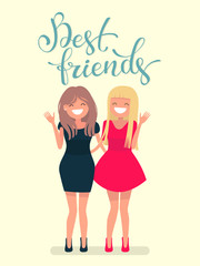 Calligraphic inscription best friends. Cheerful girl student together. Female friendship. 