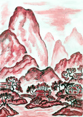 Landscape with red mountains, painting