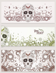 Banners of Dia de Muertos sugar skull with ornate on an abstract floral ornamental background. Day of The Dead