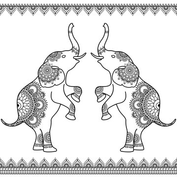 Two elephants standing up with seamless line lace borders in ethnic mehndi Indian henna style.