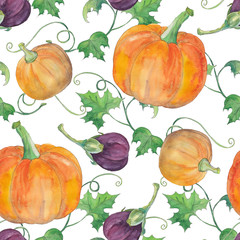 Seamless pattern with eggplants, orange pumpkins and leaves. Original hand drawn bright colors watercolor background.
