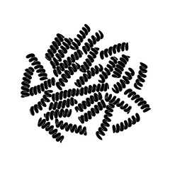 Pile of fusilli pasta scattered on the white background. Black and white hand drawn illustration