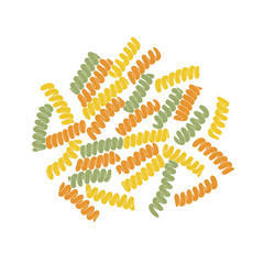 Tricolor fusilli pasta on the white background. Hand drawn cooking illustration. Corkscrew shaped pasta