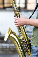 street performer playing a saxophone
