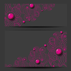Set of greeting cards with decorative elements, sparkling and shiny stones. Black background. Vector pattern. Banners.