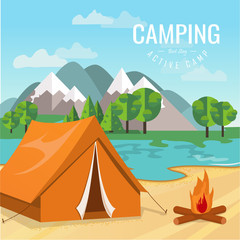 Vector flat illustration camping. Nature background with grass, forest, mountains and hills. Outdoor activities. Tent and fire camp