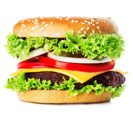 Big royal appetizing burger, hamburger, cheeseburger close-up isolated on a white background.