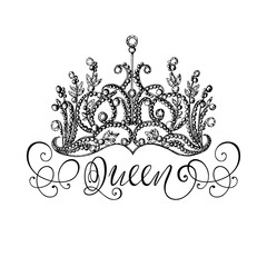 Elegant hand-drawn Queen crown with lettering.