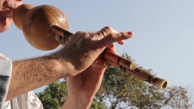 Man plays on Pungi-serpent flute