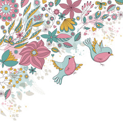 Vector card with flowers and birds