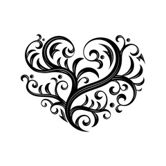 Vector illustration with branch heart. Tattoo style. For Valentine`s Day. Lovely ornate design.
