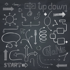 Vector hand drawn isolated arrows set on blackboard.