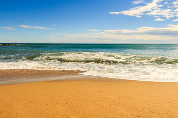 Fototapeta na wymiar sea beach blue sky sand sun daylight relaxation landscape viewpoint for design postcard and calendar