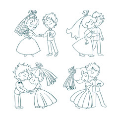 Wedding doodle comic set. Cute bride and groom. Wedding couple. Outline. 