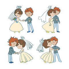 Wedding doodle comic set. Cute bride and groom. Wedding couple.