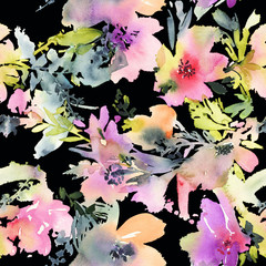 Abstract watercolor flowers. Seamless pattern.