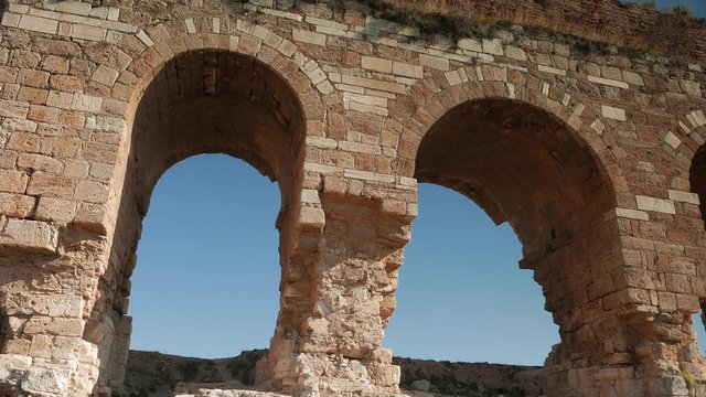 Zooming of medieval greek archs in ruined city of Tralleis, Aydin, Turkey. 4k.