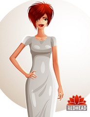 Young pretty Caucasian woman holding her hand on a waist, full body portrait. Gorgeous red-haired lady with stylish haircut 