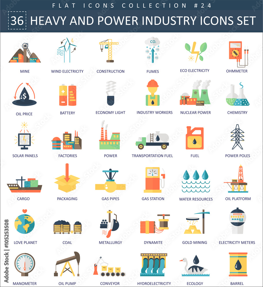 Poster vector heavy and power industry color flat icon set. elegant style design.
