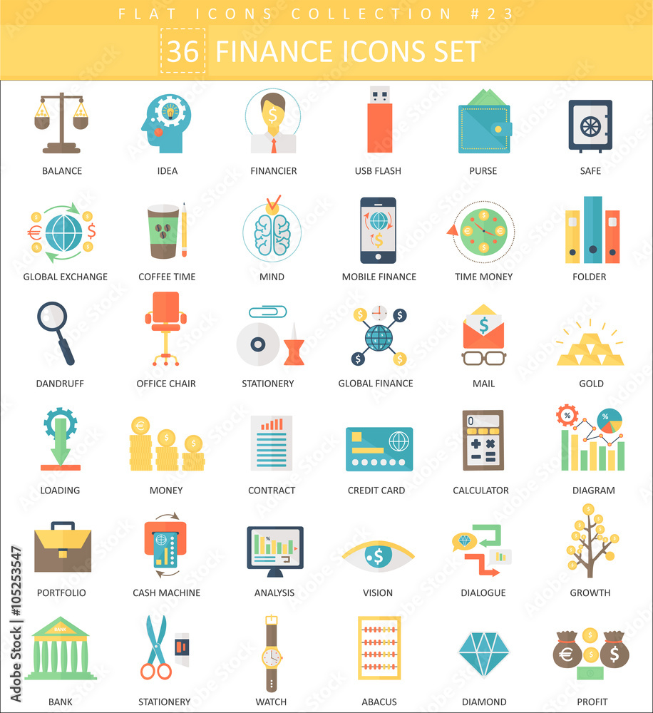Poster vector finance color flat icon set. elegant style design.