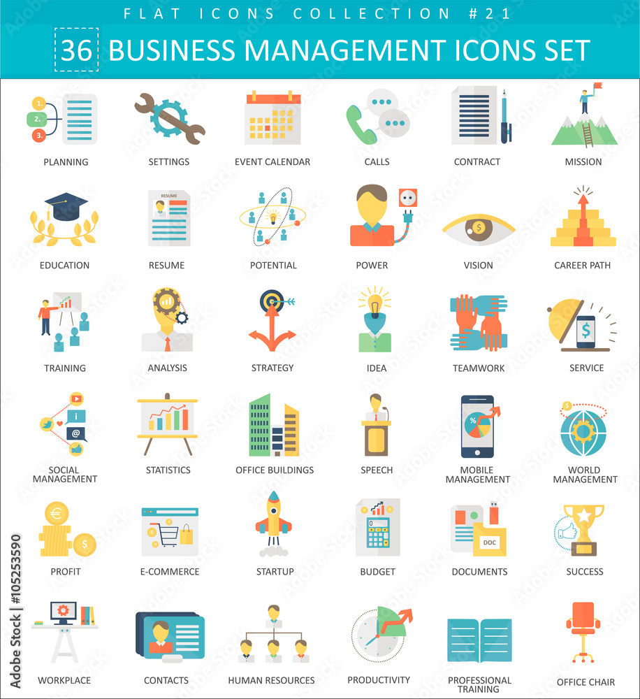 Poster vector business management color flat icon set. elegant style design.