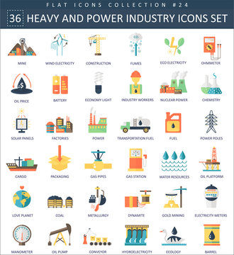 Vector heavy and power industry color flat icon set. Elegant style design.