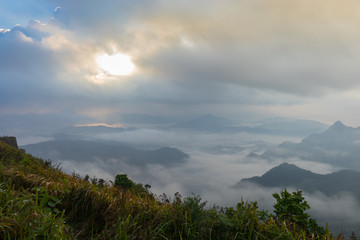 Sunrise scene with the peak of mountain and cloudscape at Phu chi fa in Chiangrai Province,Thailand