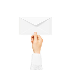 White blank envelope mock up holding in hand. 