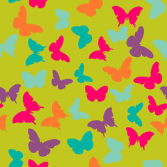 Fototapeta na wymiar Vector seamless pattern with random orange, blue, pink, purple butterflies on green background. Vintage design for wrapping, textile, fabric, invitation, greeting, wedding cards, websites