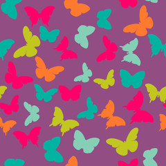 Fototapeta na wymiar Vector seamless pattern with random orange, blue, pink, green butterflies on purple background. Vintage design for wrapping, textile, fabric, invitation, greeting, wedding cards, websites