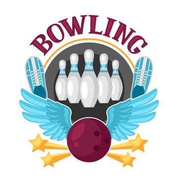 Bowling emblem with game objects. Image for advertising booklets, banners, flayers