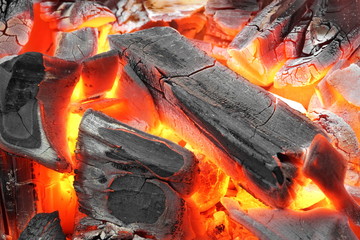 Glowing Hot Charcoal Briquettes Background Texture,  Close-up