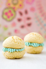 Vanilla whoopie pies with turquoise buttercream filling
