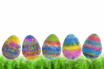 Decorated multi-colored easter eggs lying on a green grass background.
Polygonal easter eggs.Great frame for easter and spring themes. No people.  
